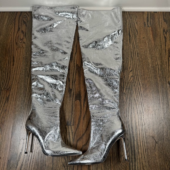 Steve Madden Epic Silver Metallic Faux Leather Over-the-Knee Stilleto Boots 8 - Picture 3 of 10
